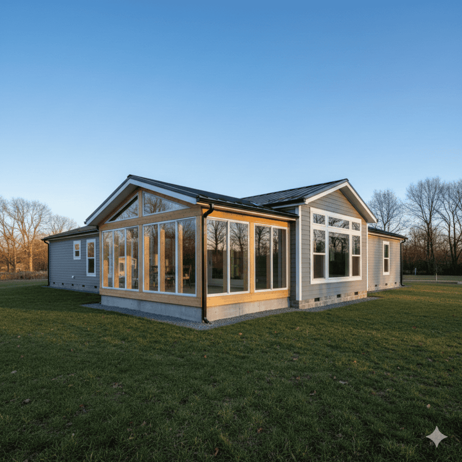Modern manufactured home with a custom sunroom addition showing HUD-compliant structural integrity.
