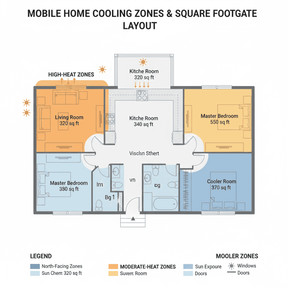Mobile home cooling zones and square footage layout.