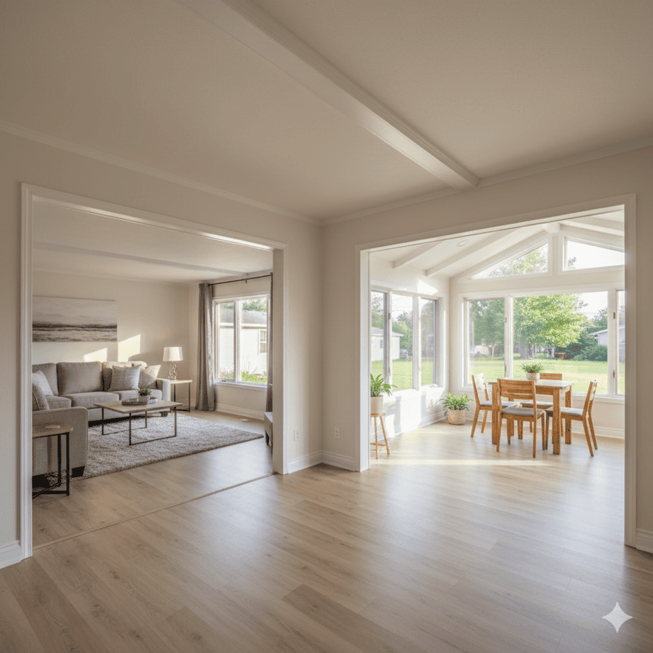 Interior view of a mobile home living room expanded via a HUD-approved addition.
