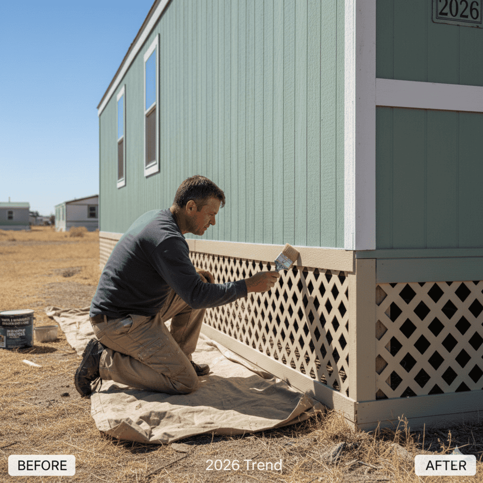 Painting mobile home skirting to match exterior siding.