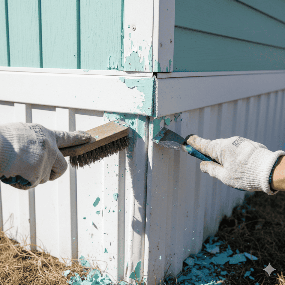 Surface preparation and scraping old paint from mobile home siding.