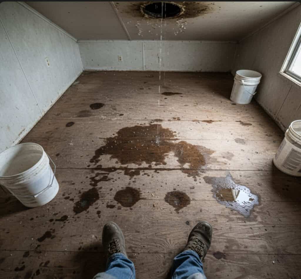 A clearly damaged, sagging subfloor with visible water stains.