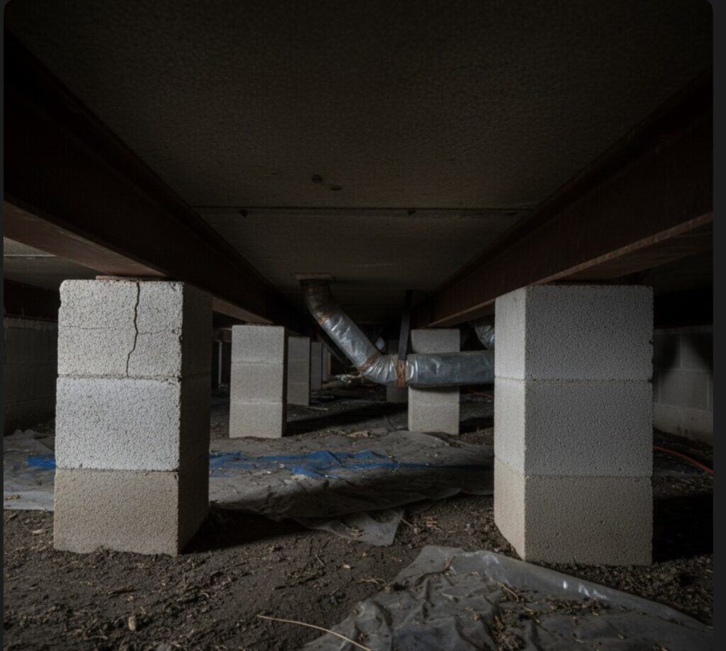A mobile home's foundation showing visible piers, with a subtle indication of unevenness or settling.