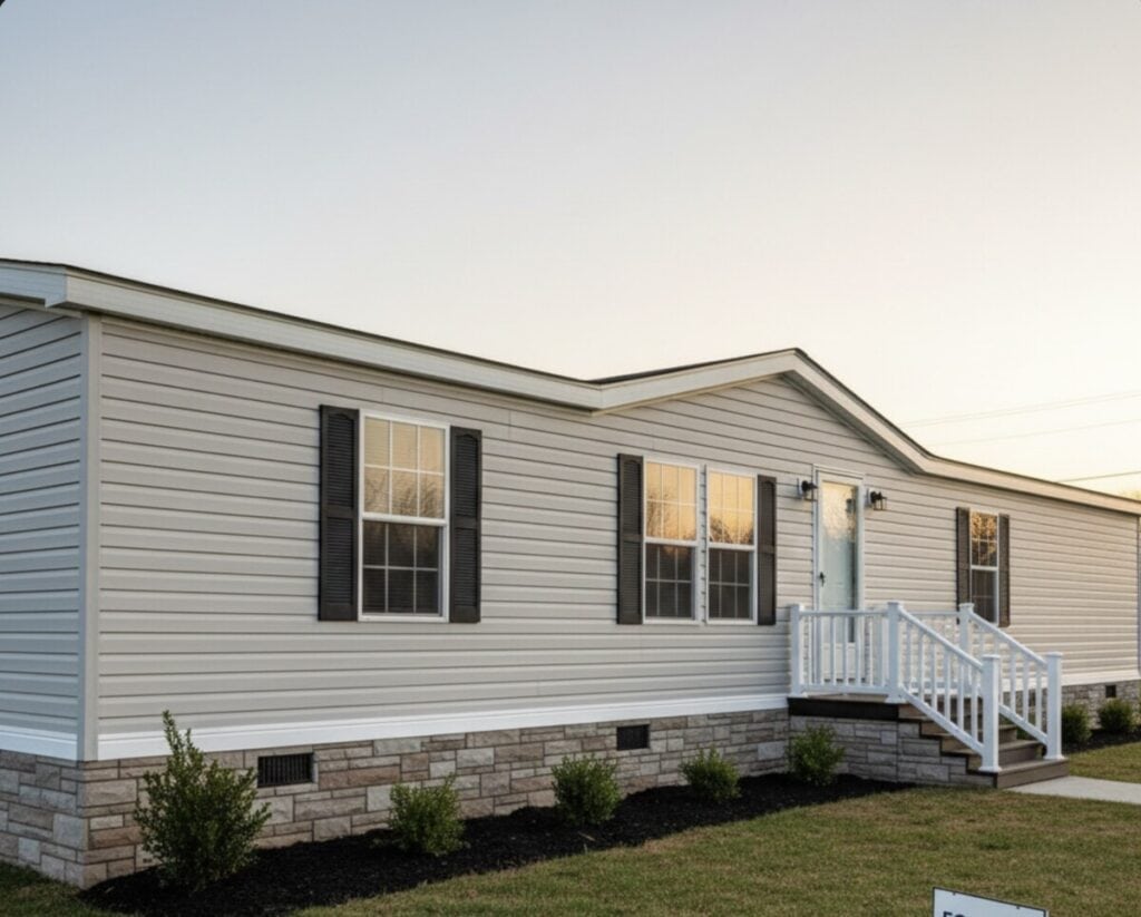 A nicely renovated, solid-looking mobile home exterior (perhaps with new skirting), representing the "solved problems" outcome.