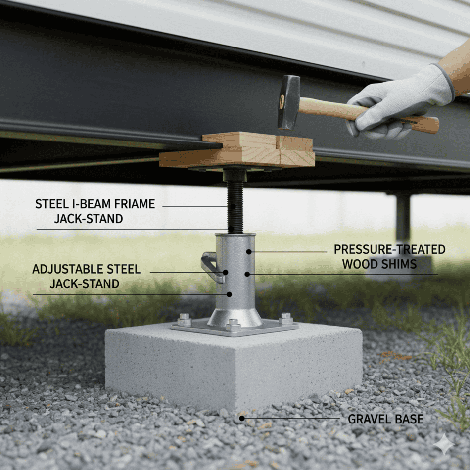 Technical view of mobile home pier and shims for leveling.