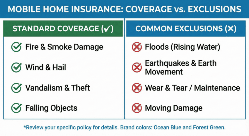 Chart listing standard mobile home insurance perils vs exclusions
