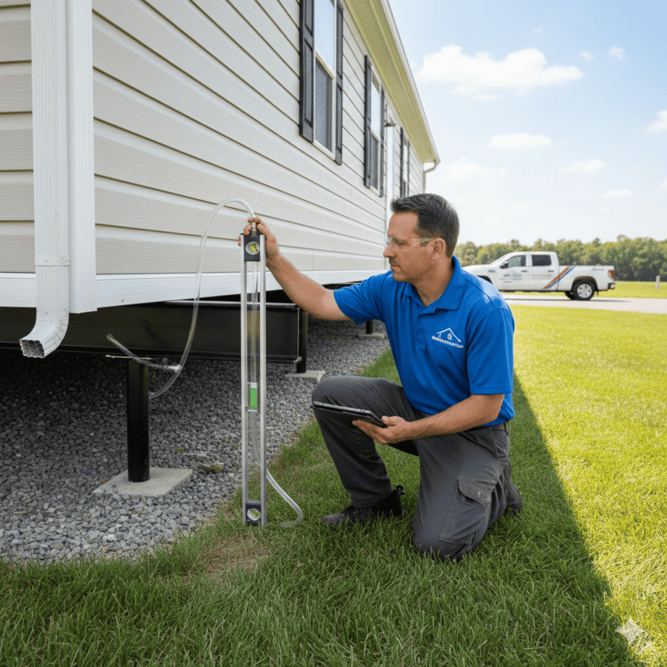 Professional mobile home leveling service in progress.