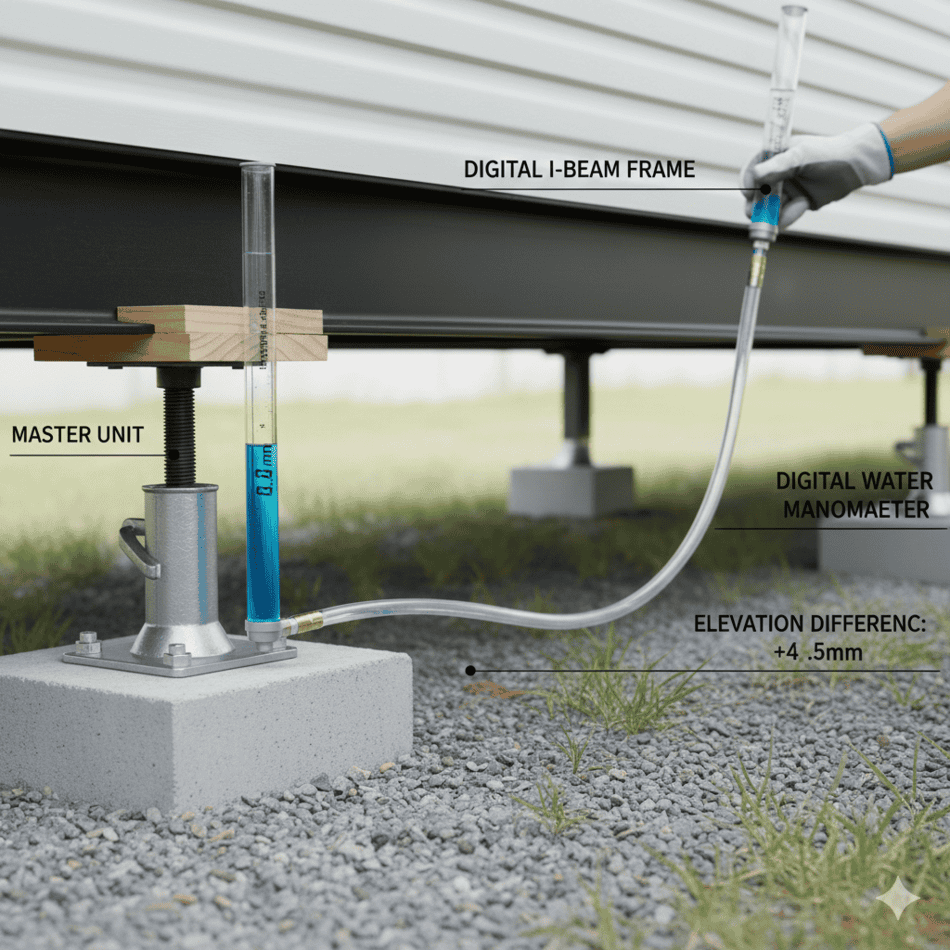 Using a water level to check mobile home chassis alignment.