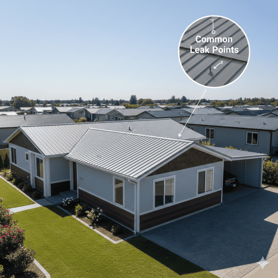 Modern mobile home with a durable metal roof system.