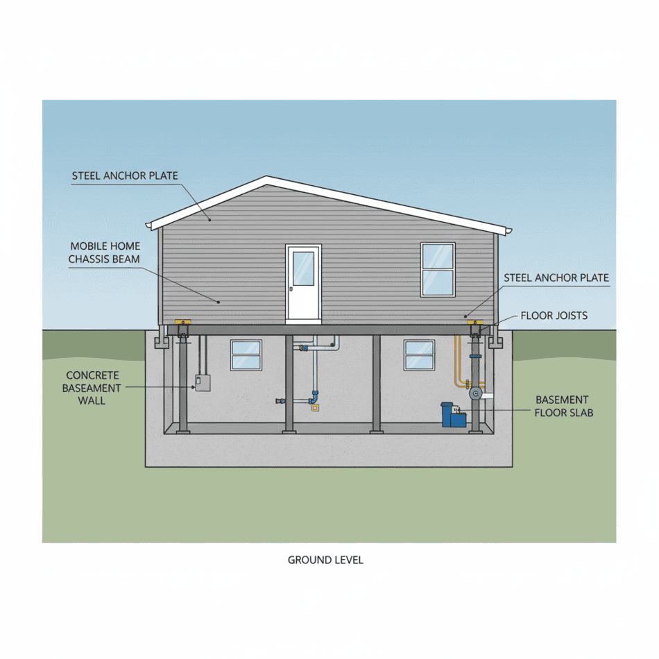 Manufactured home basement foundation cross-section