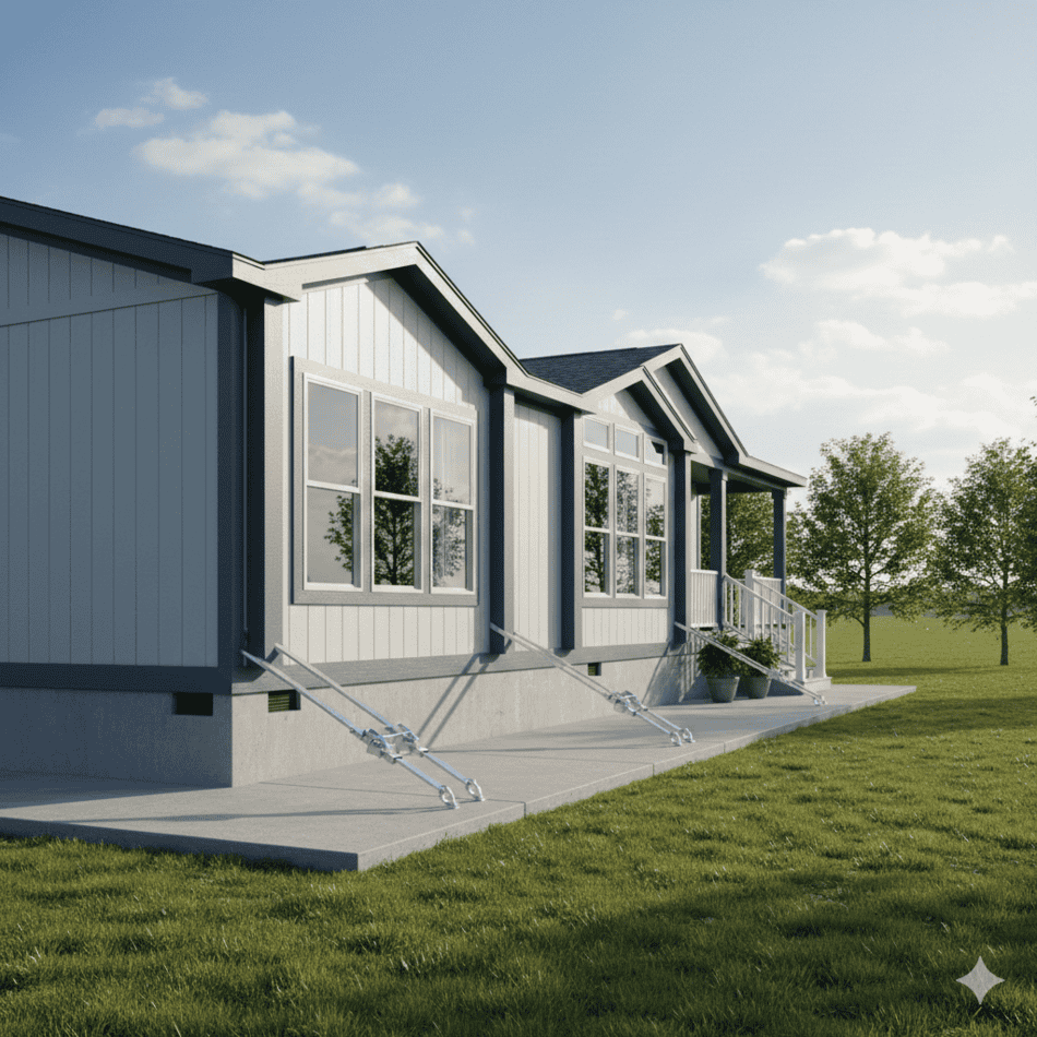 Modern manufactured home with hurricane-rated anchoring system and HUD wind zone certification.