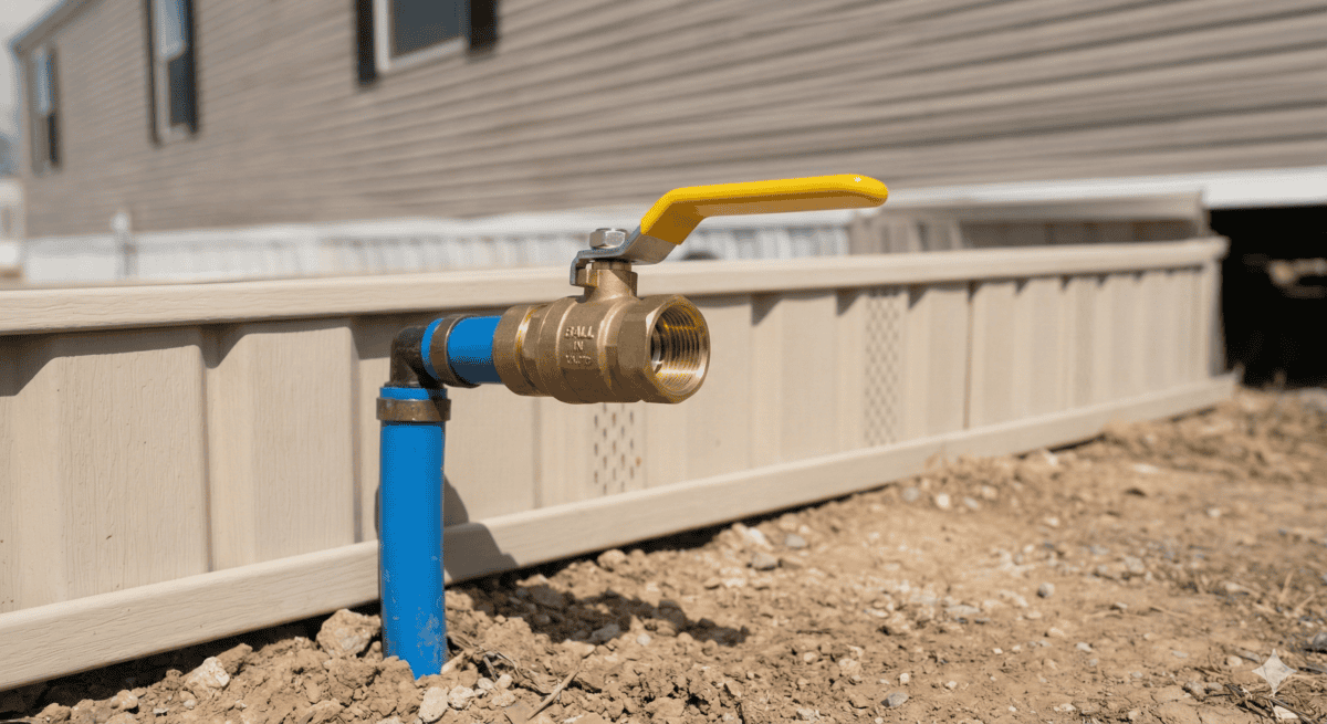 Mobile home main water shutoff ball valve near skirting