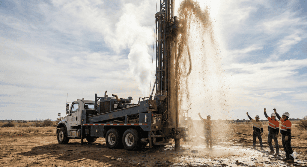 Water well drilling rig hitting water table