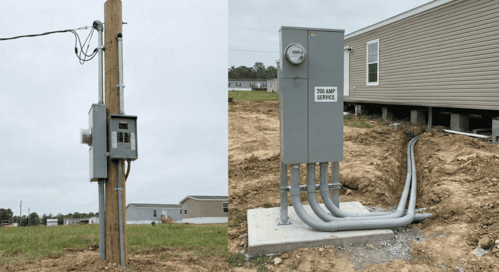 Temporary power pole and permanent meter pedestal