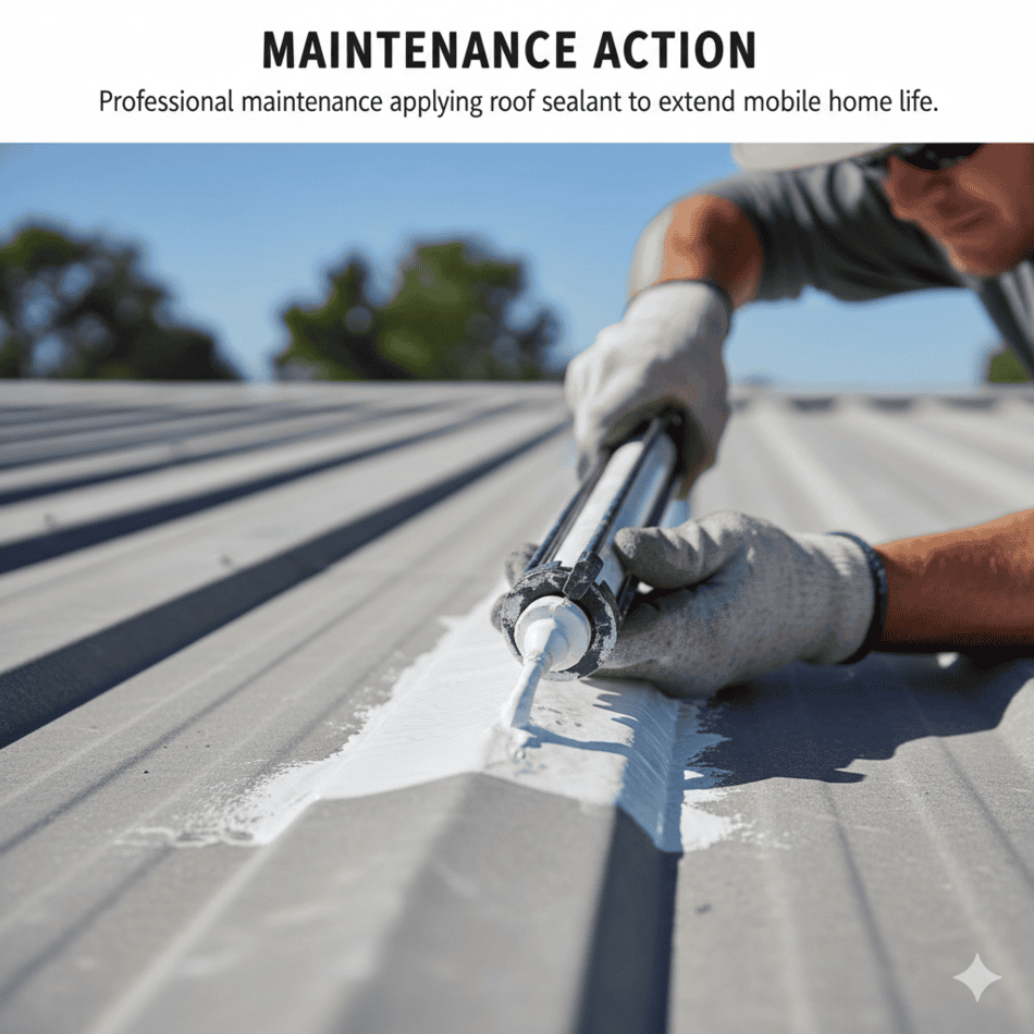 Professional maintenance applying roof sealant to extend mobile home life.
