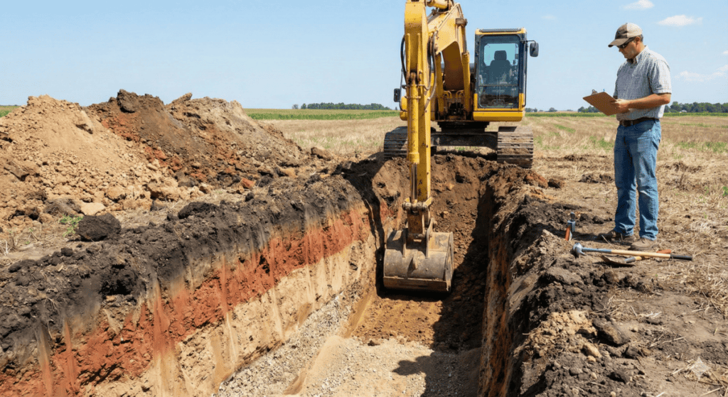 Excavator digging perc test trench