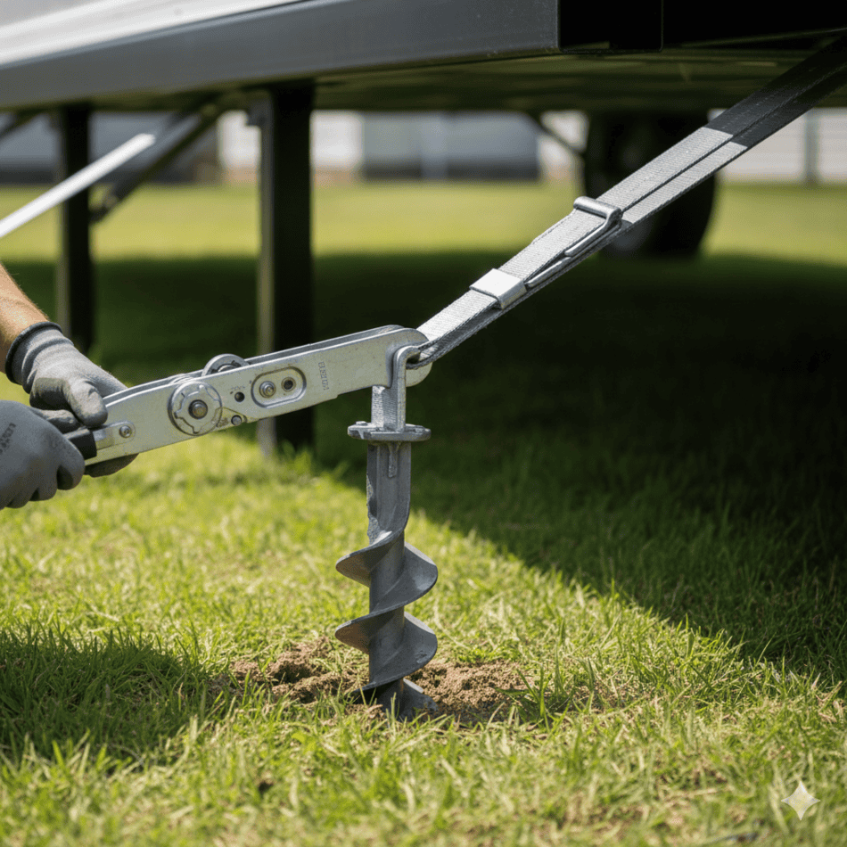 Steel tie-down straps and ground anchors for mobile home tornado and wind protection.