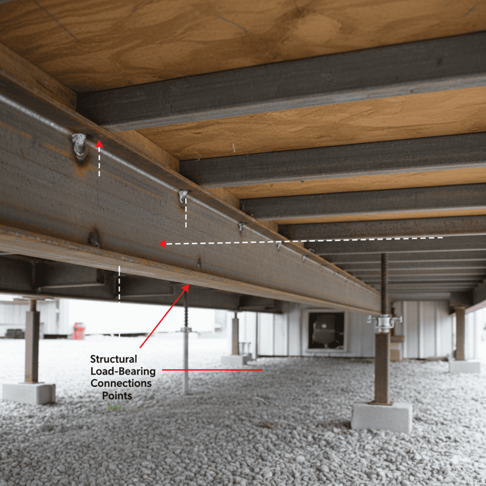 Detailed view of the steel chassis and structural frame of a manufactured home.