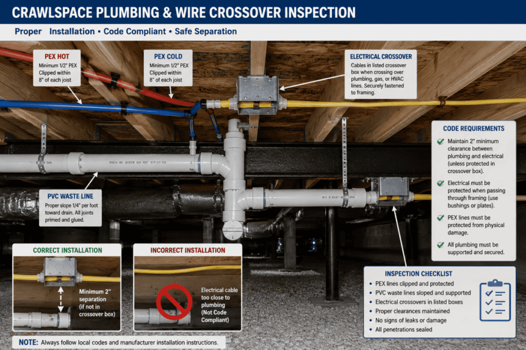 Crawlspace Plumbing and Wire Crossover Inspection
