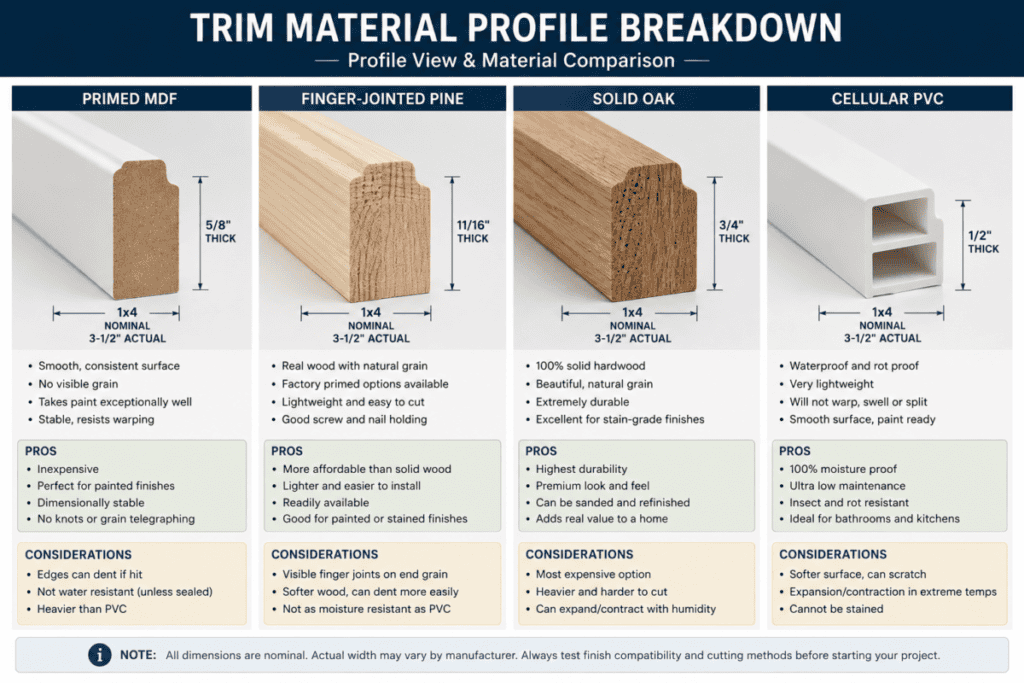 Trim Material Profile Breakdown Side-by-side profile view of primed MDF, finger-jointed pine, solid oak, and cellular PVC trim boards.